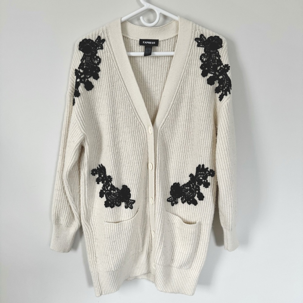 Express | Lace Pieced Button Front Cardigan - image 3